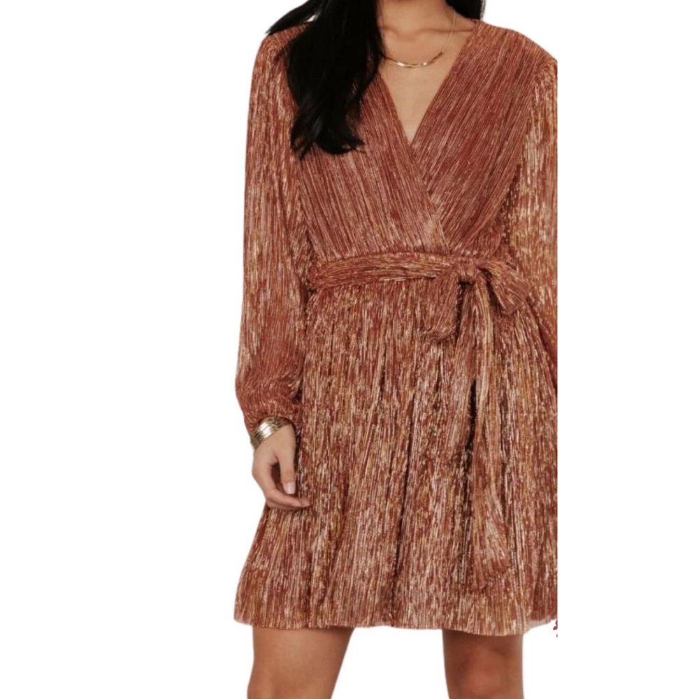Dress Forum Dress Womens M Rust Gold Shiny Flowy Fit Flare Belted Glam Party NWT